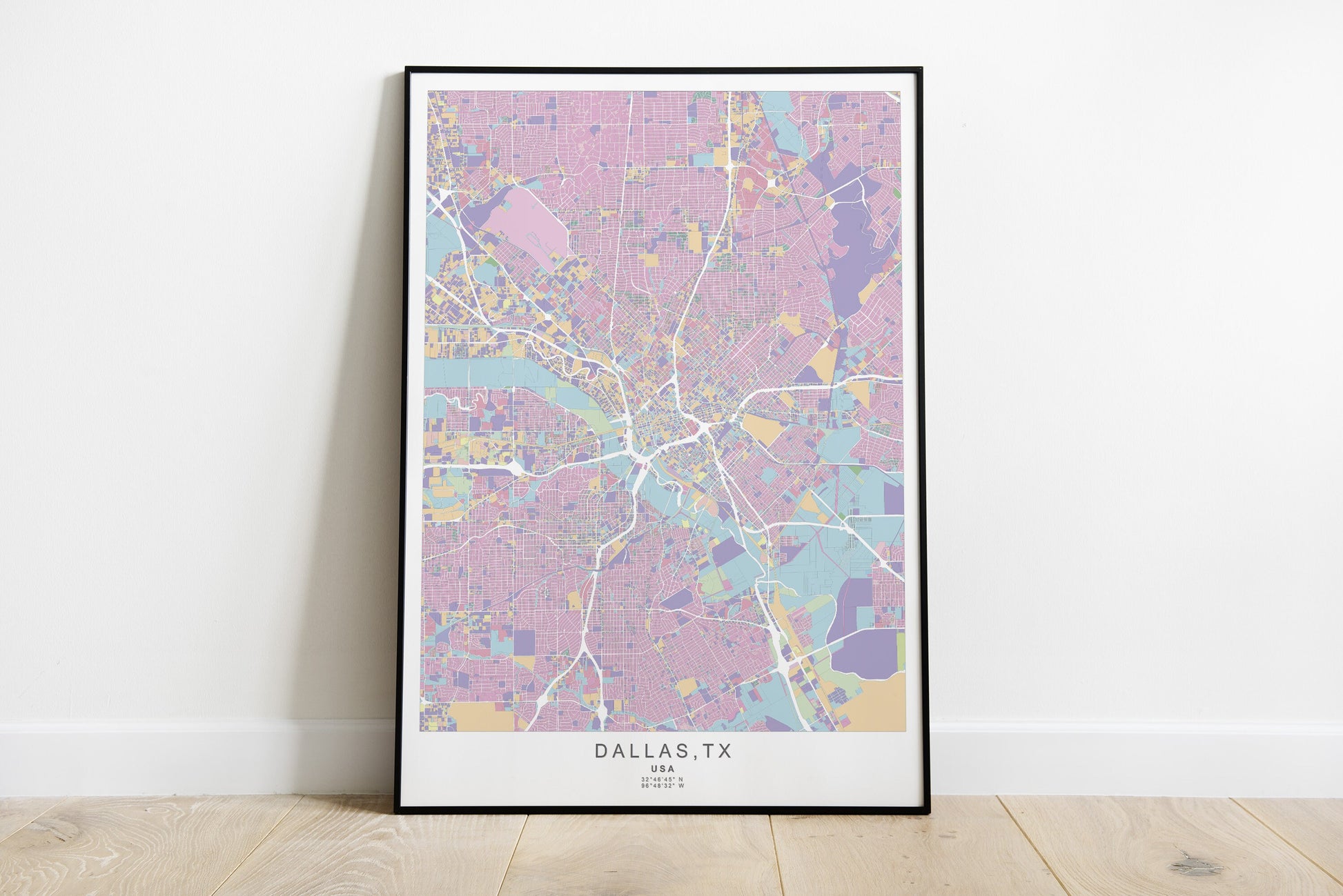 Dallas city map print in pink colours