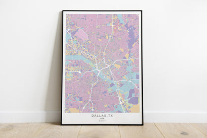 Dallas city map print in pink colours