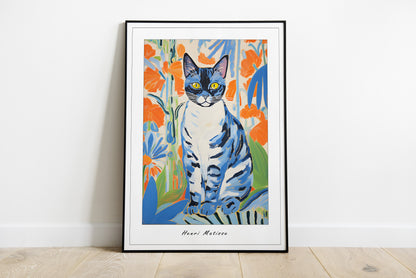 Cat portrait inspired by Henry Matisse in beautiful blue, orange and white colors.