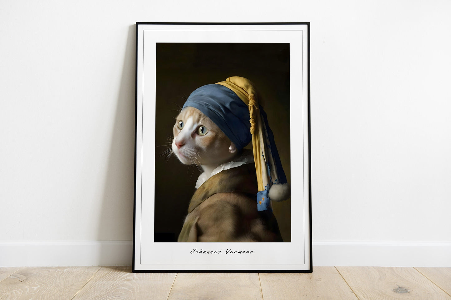 Portrait of ginger cat with pearl earing inspired by Johannes Vermeer.