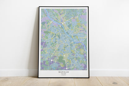 Warsaw city map print in blue and green colours.