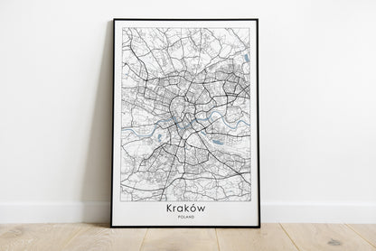 Krakow city map print in black and white and blue waters.