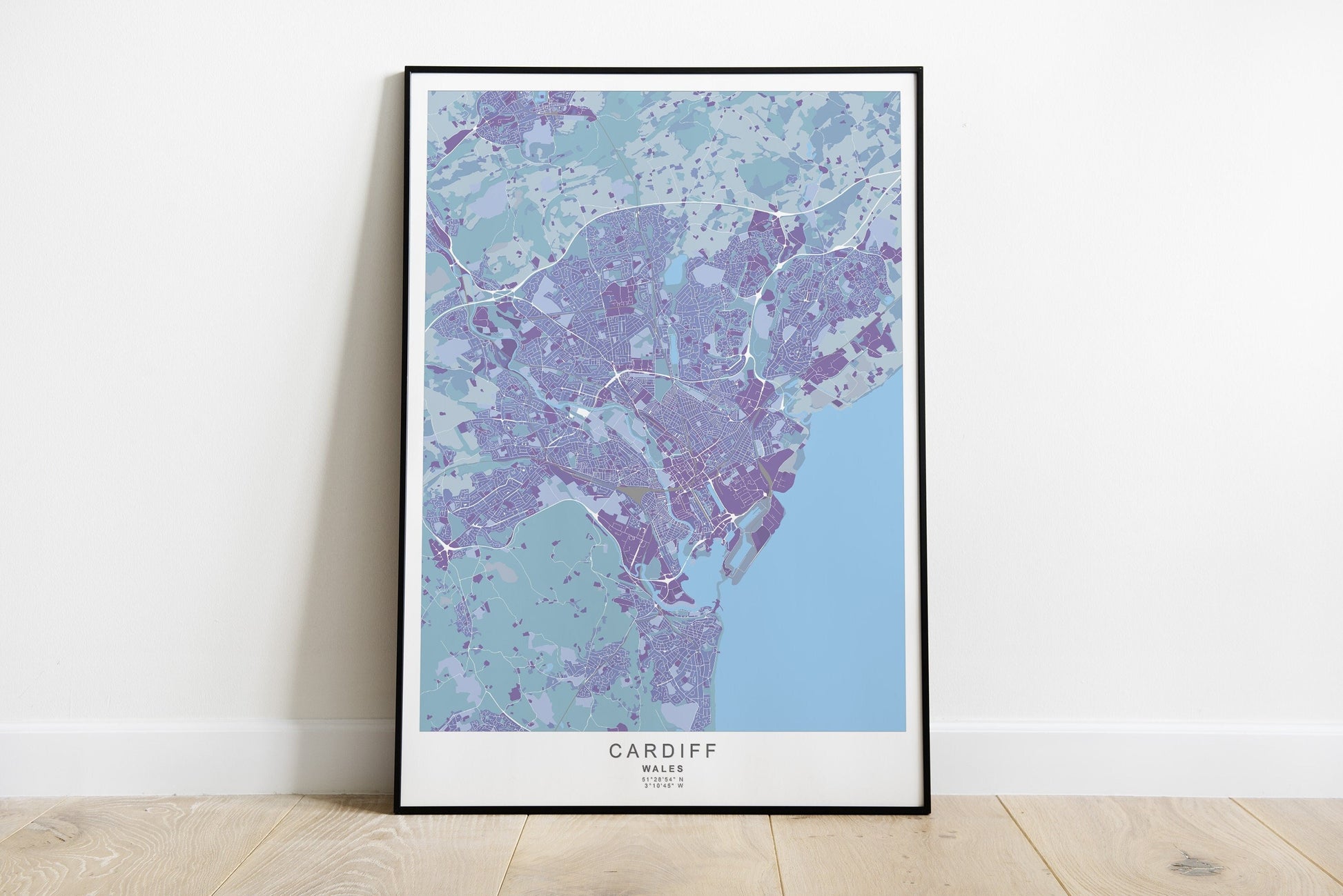 Cardiff city map in blues and purple colours