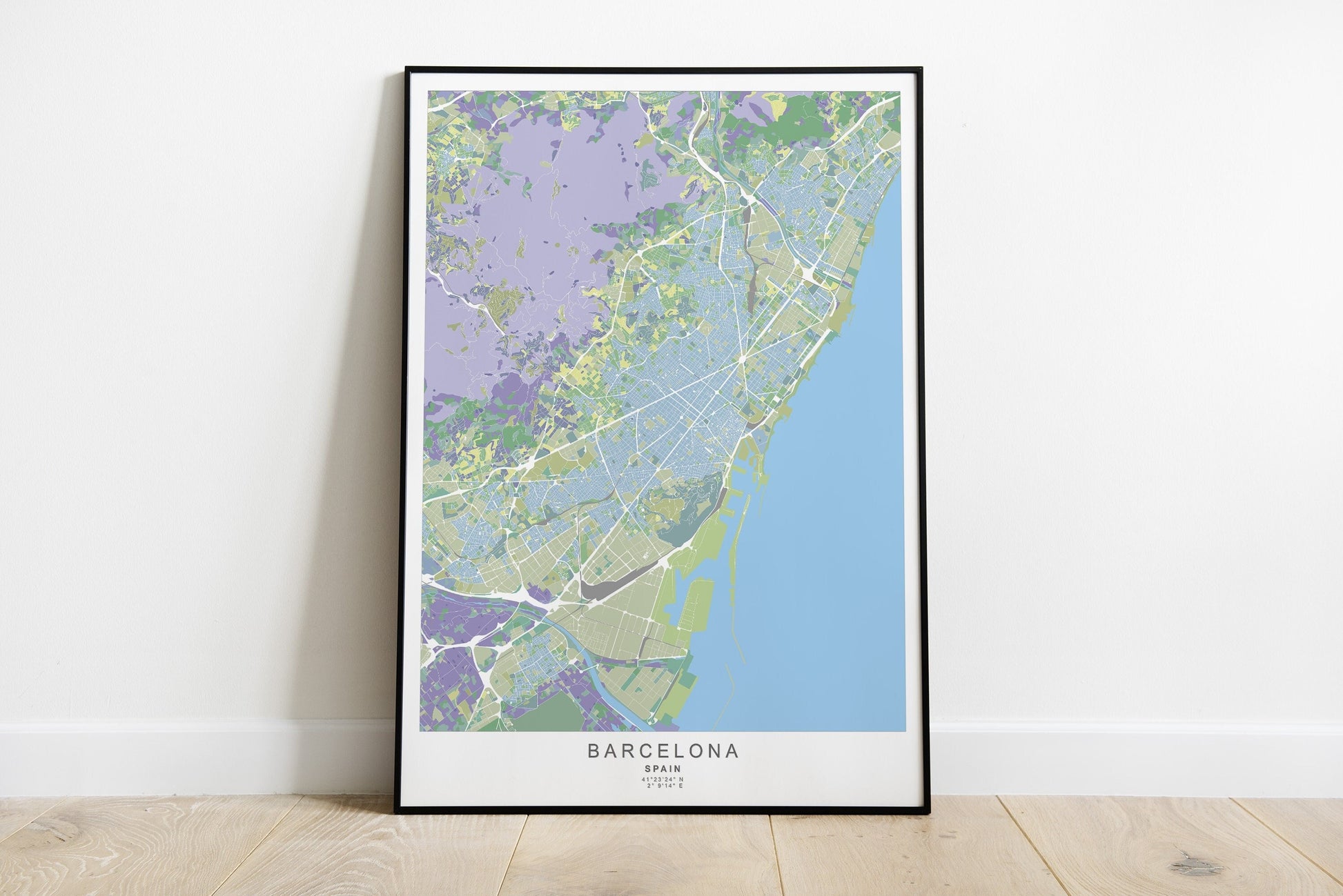 Barcelona city map print in green and purple colors.