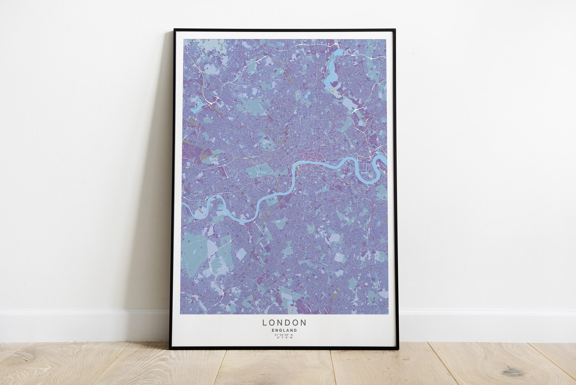 London city map print in purple tones.