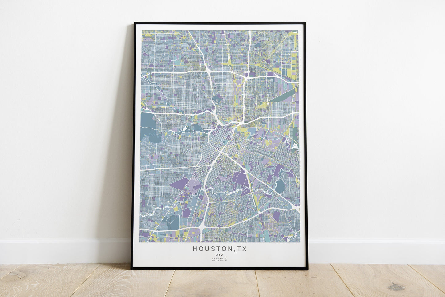 Houston city map print in beautiful blue, purple and yellow colors.