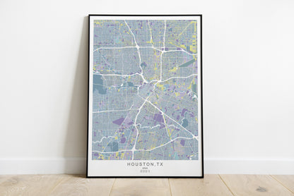 Houston city map print in beautiful blue, purple and yellow colors.