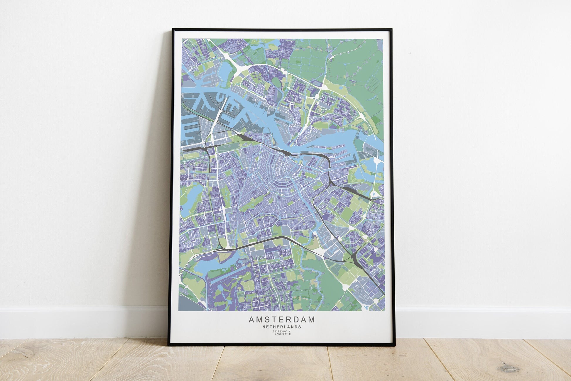 Amsterdam cityprint in purple and green colors and white streets.