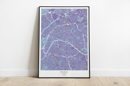 Paris city map print in purple colours