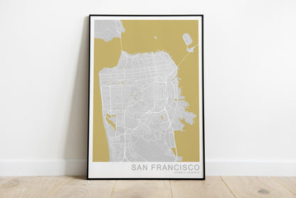 San Francisco map print in beautiful grey and yellow colours.