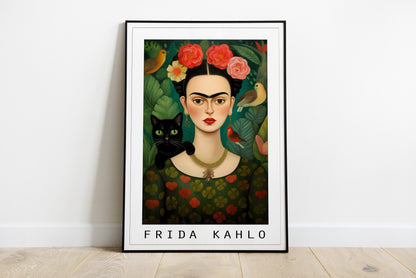 Frida Kahlo colorful portrait with cat and birds, style 1