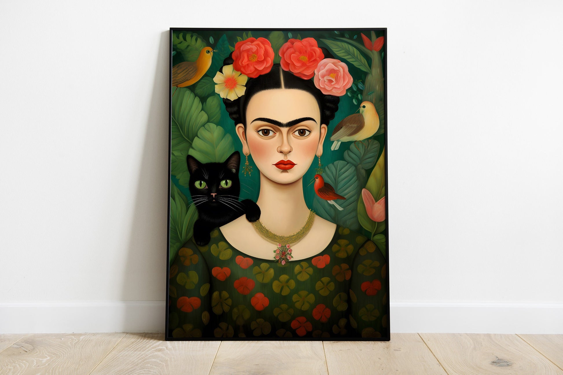 Frida Kahlo colorful portrait with cat and birds, style 2