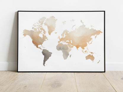 World map in earth watercolour tones.