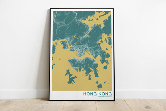 Hong Kong city map in yellow and green colours.