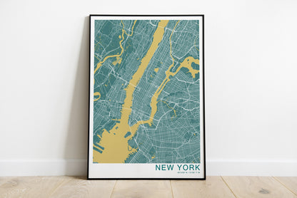 New York city map print in green and yellow colours.