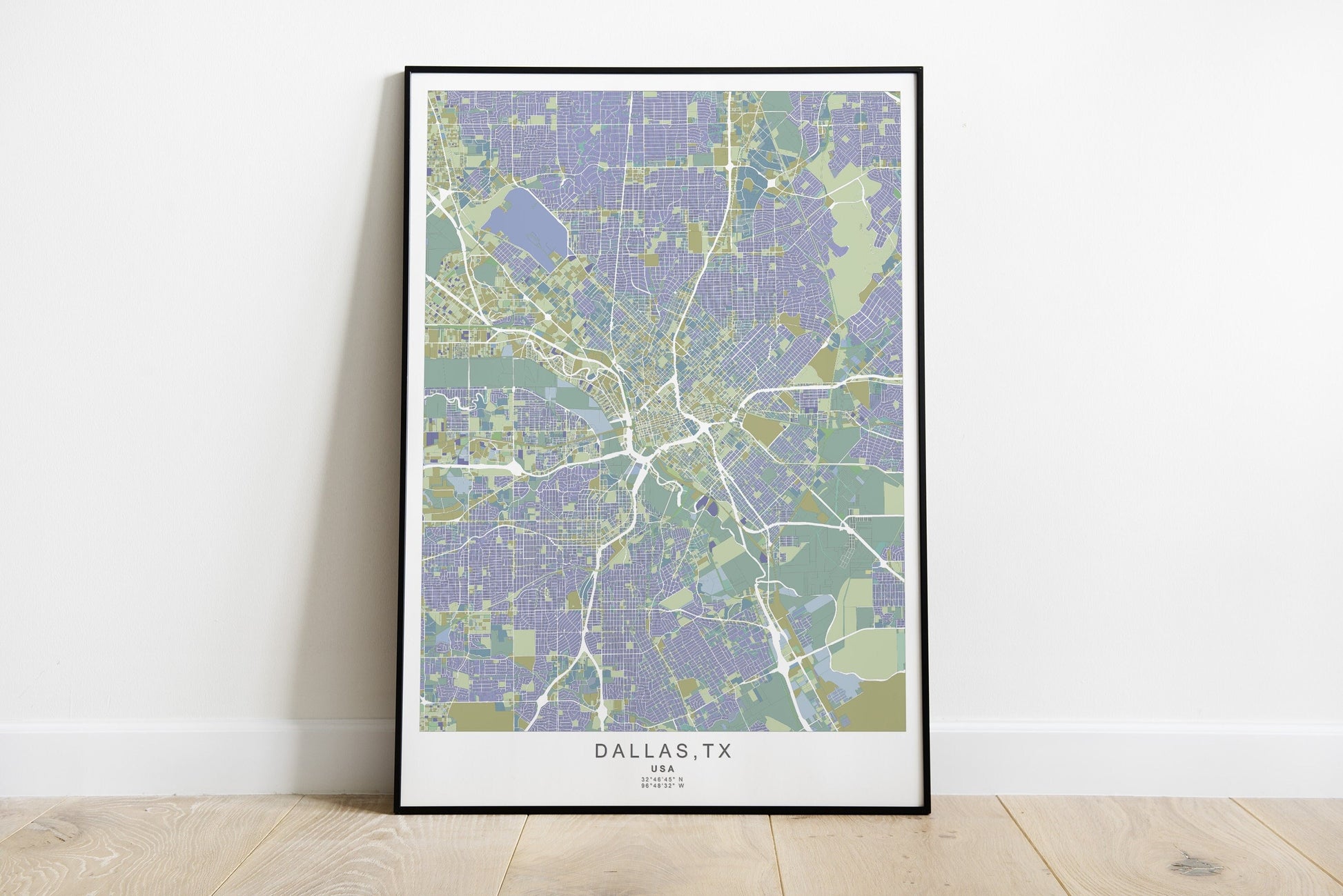 Dallas city map print in green and purple colours