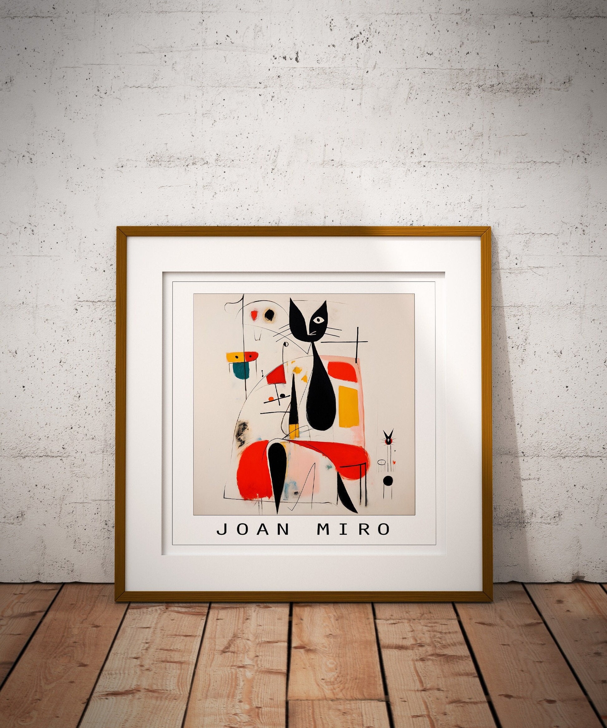 Joan Miro portrait of woman and cat in square size.