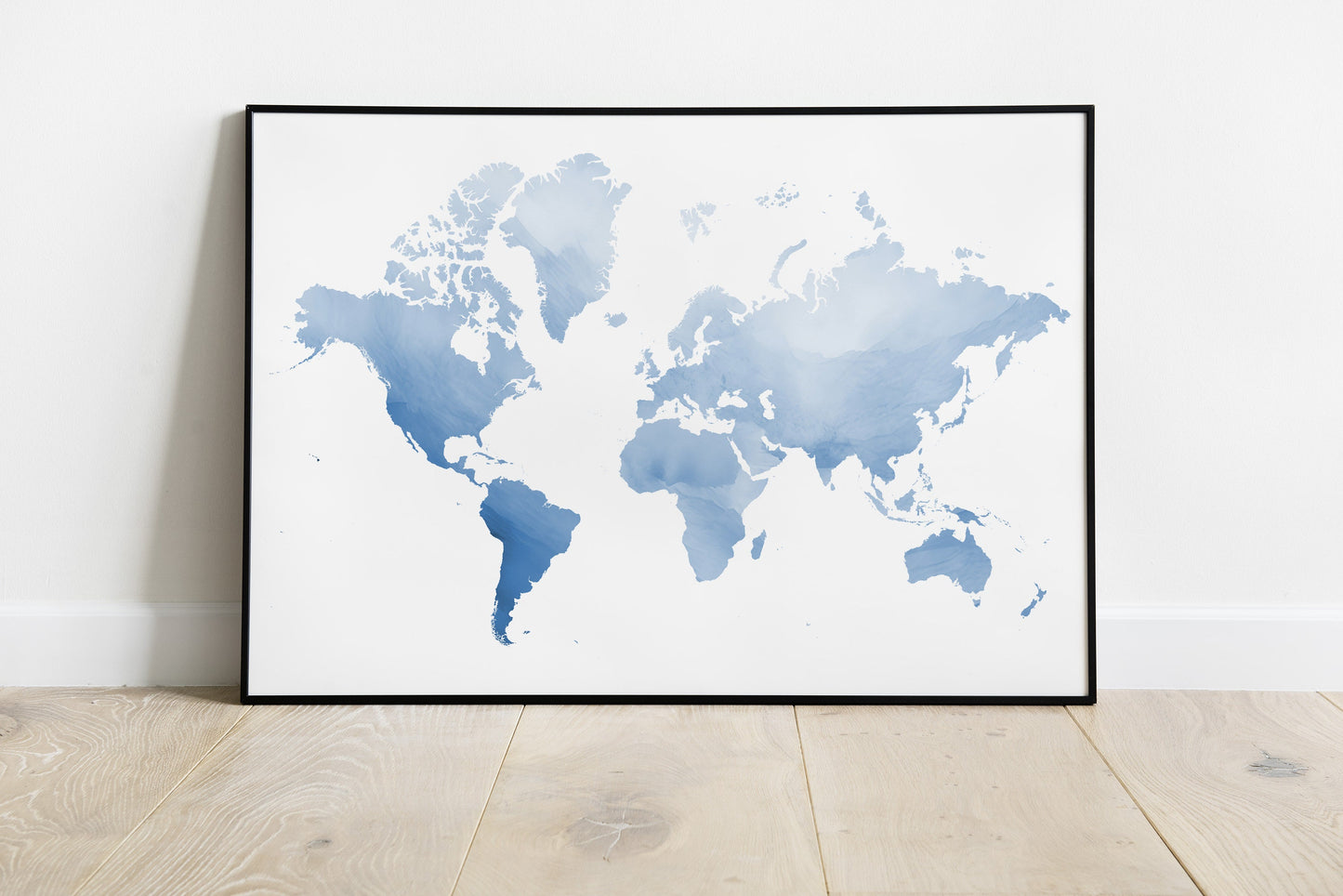 World map in blue watercolour tones.