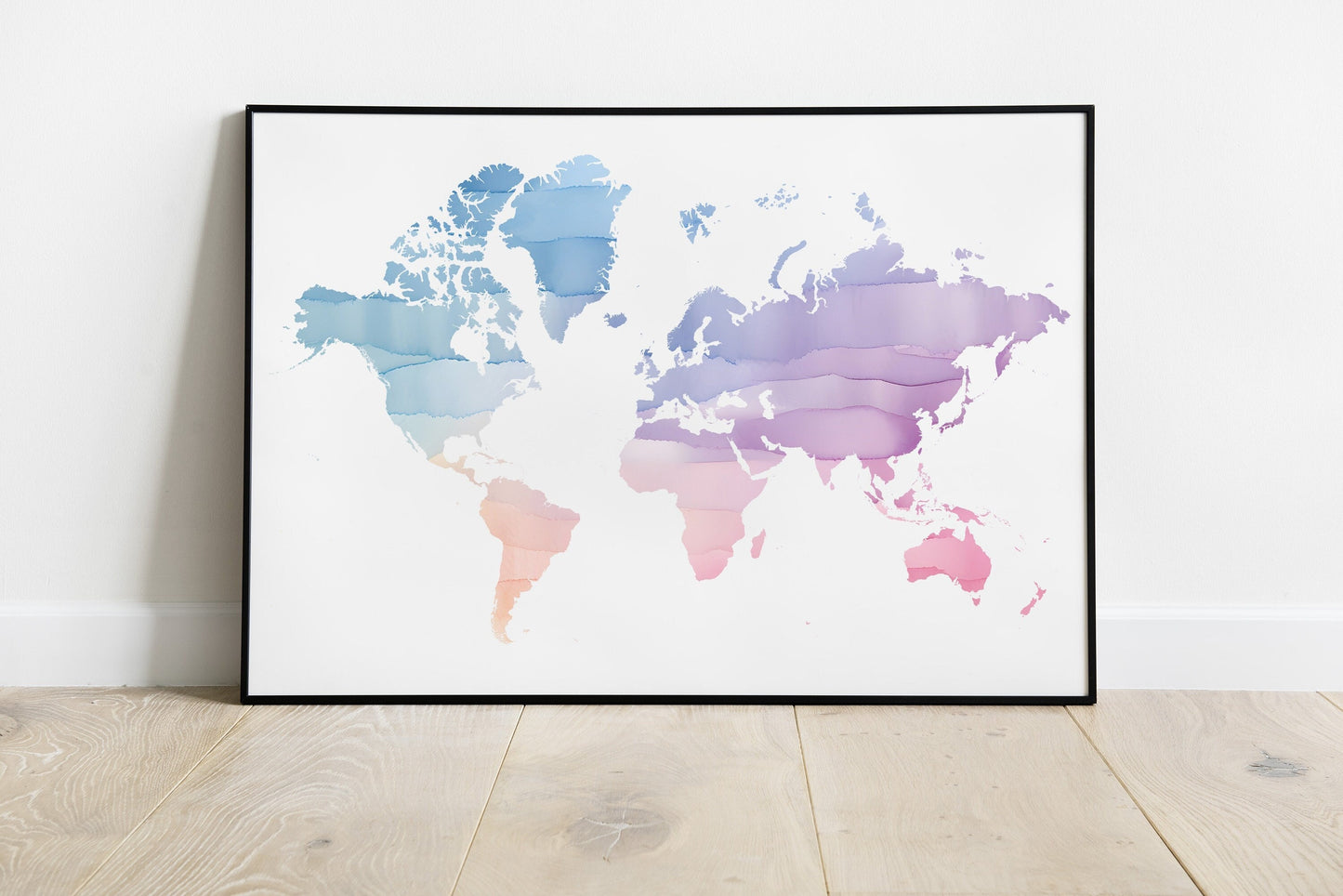 World map in beautiful watercolours in blues and purple tones.