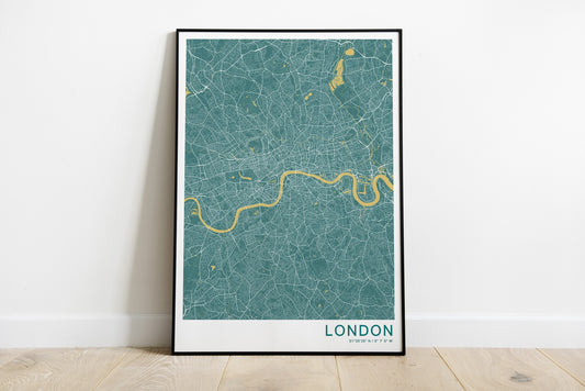 London city map print in green and yellow colors.