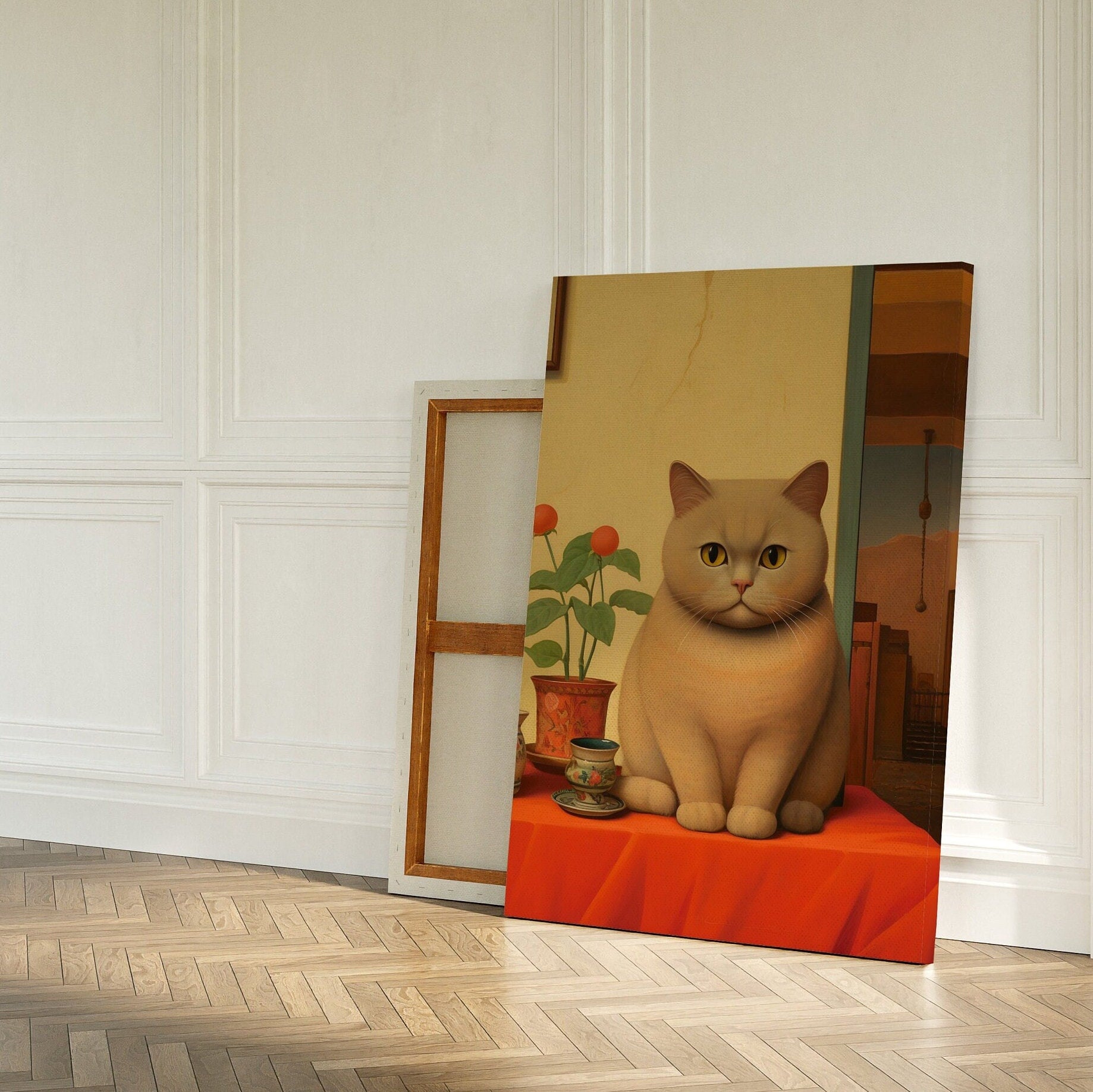 Botero cat print on canvas.