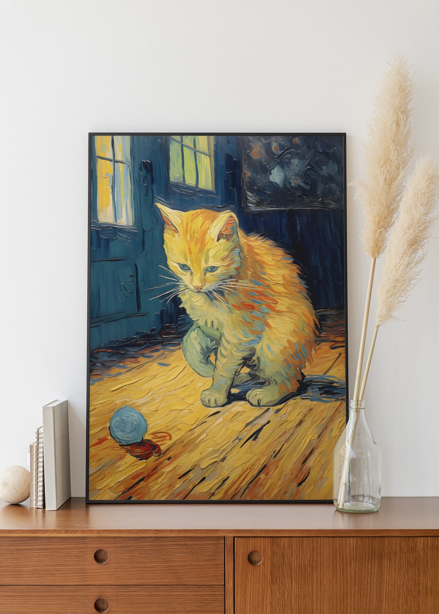 Cat playing with a ball of yarn in the style of van Gogh.