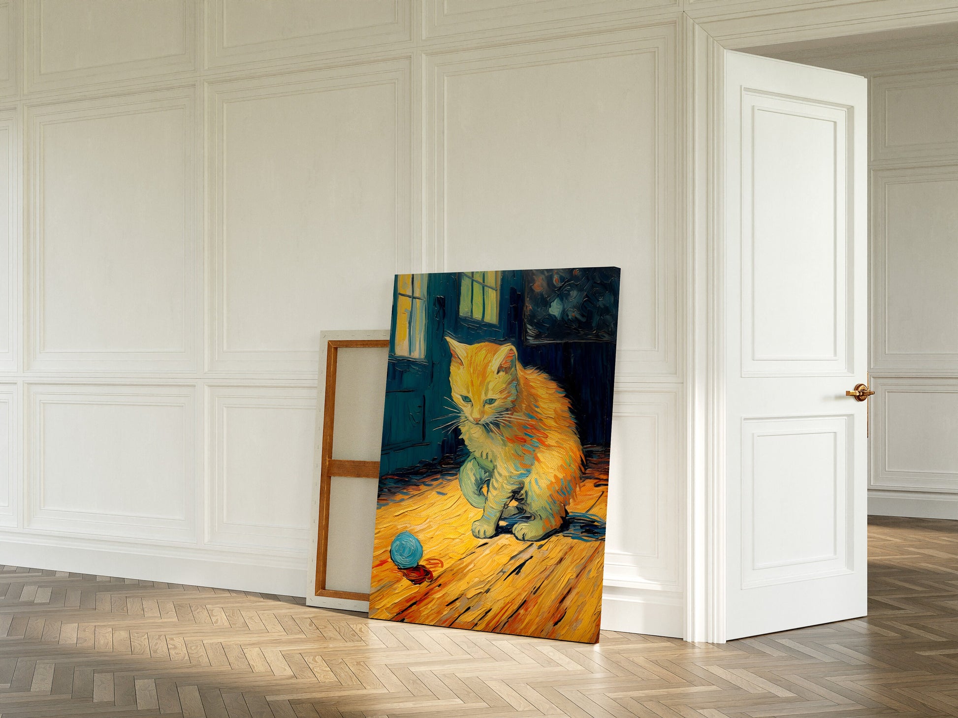 Cat playing with a ball of yarn in the style of van Gogh, print on canvas.