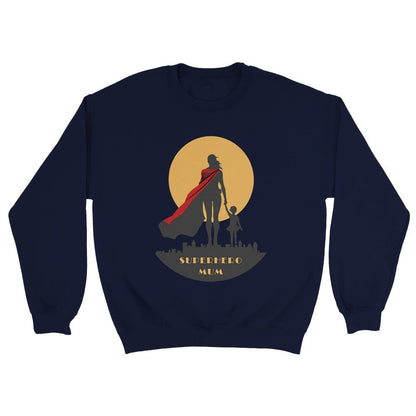 superhero mum crewneck sweater in navy blue color.