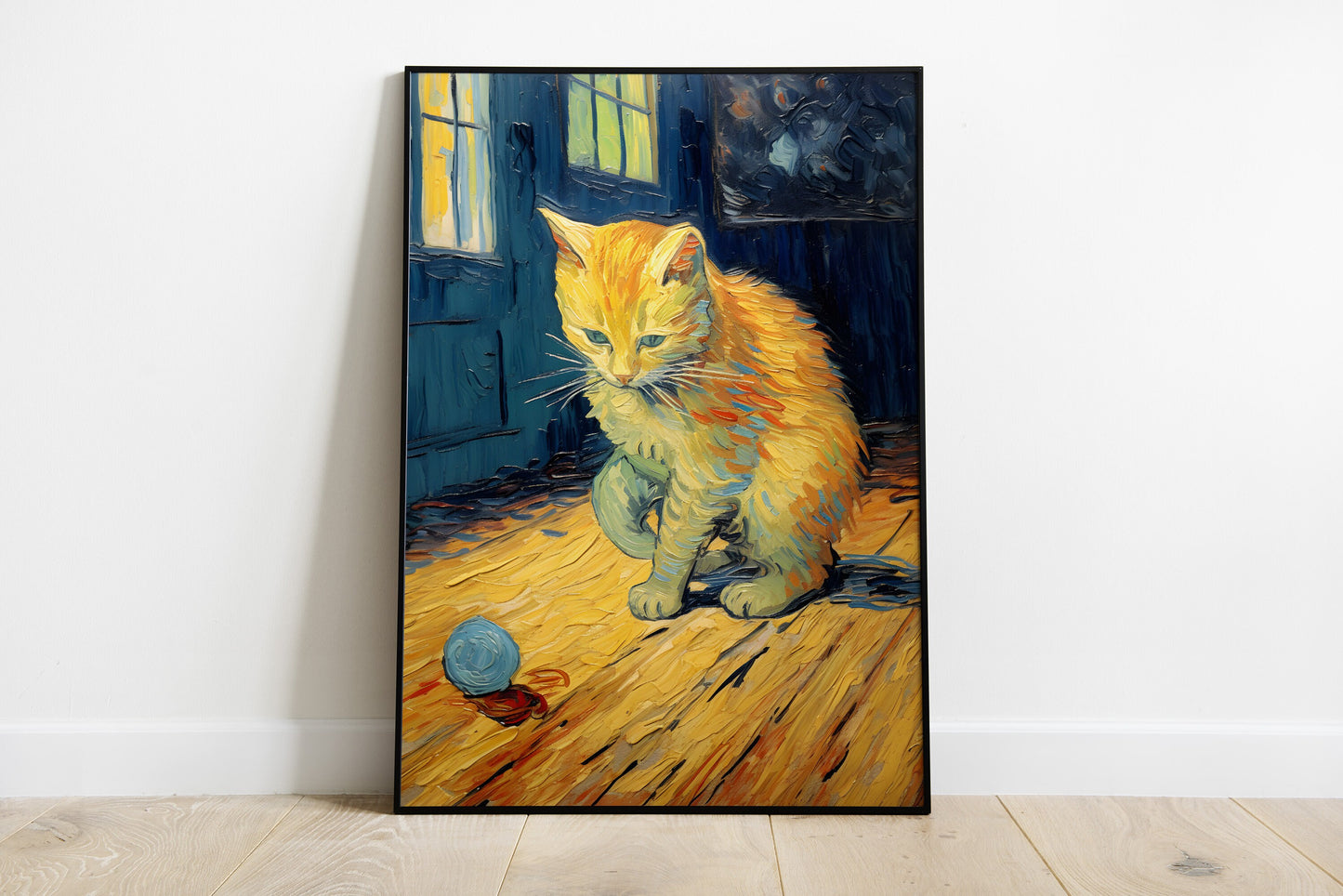 Cat playing with a ball of yarn in the style of van Gogh print.