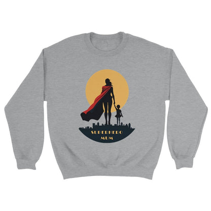 superhero mum crewneck sweater in grey color.