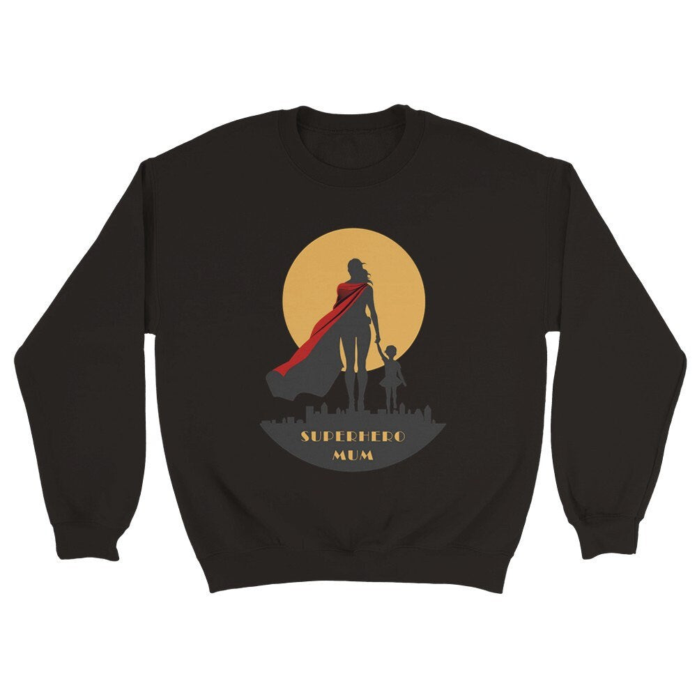 superhero mum crewneck sweater in black color.