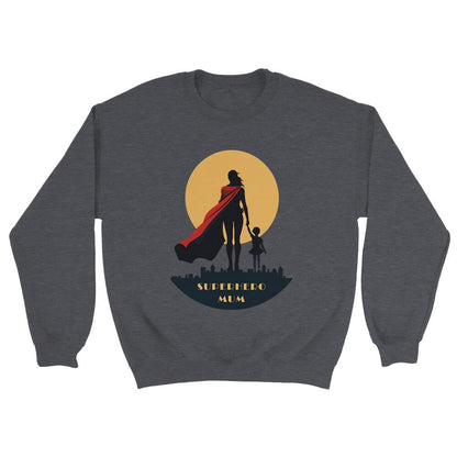 superhero mum crewneck sweater in dark grey color.