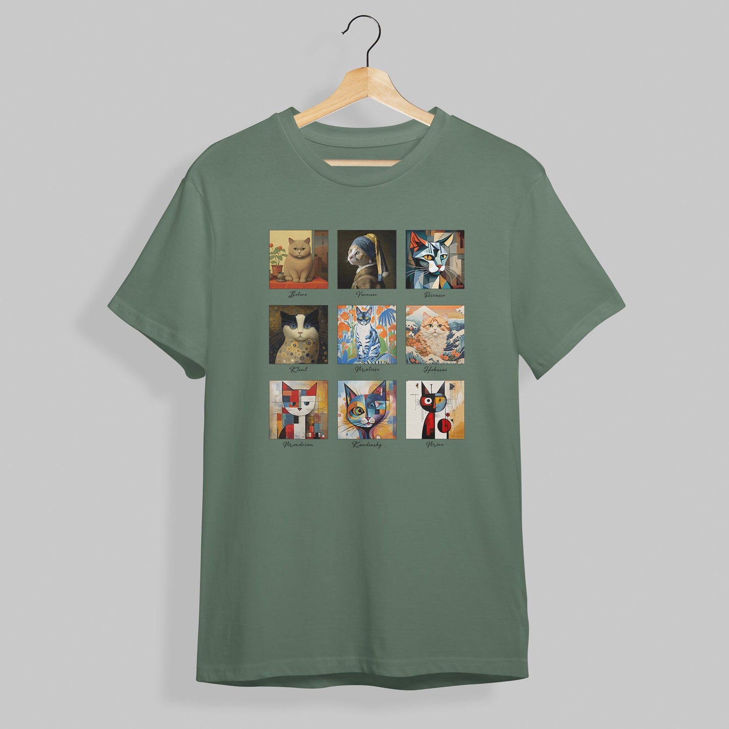 Art and cats military green tshirt.