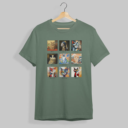 Art and cats military green tshirt.