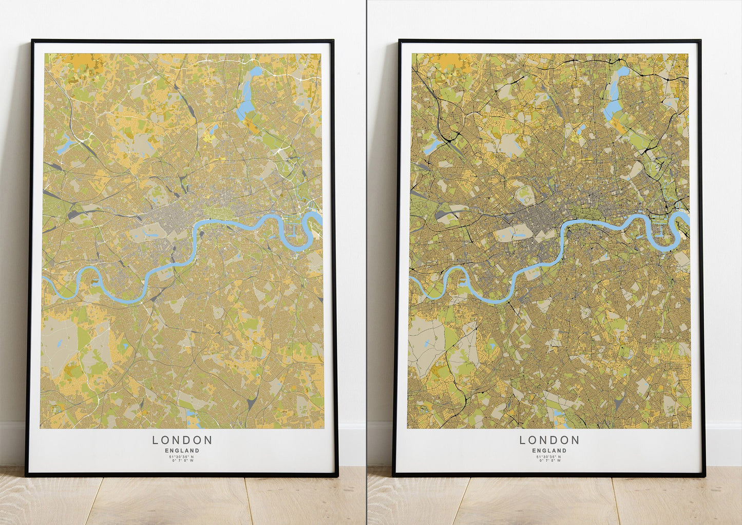 London city map print in yellow tones.