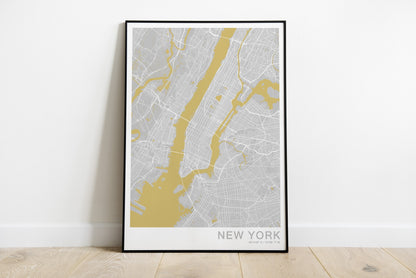 New York city map print in grey and yellow colours.